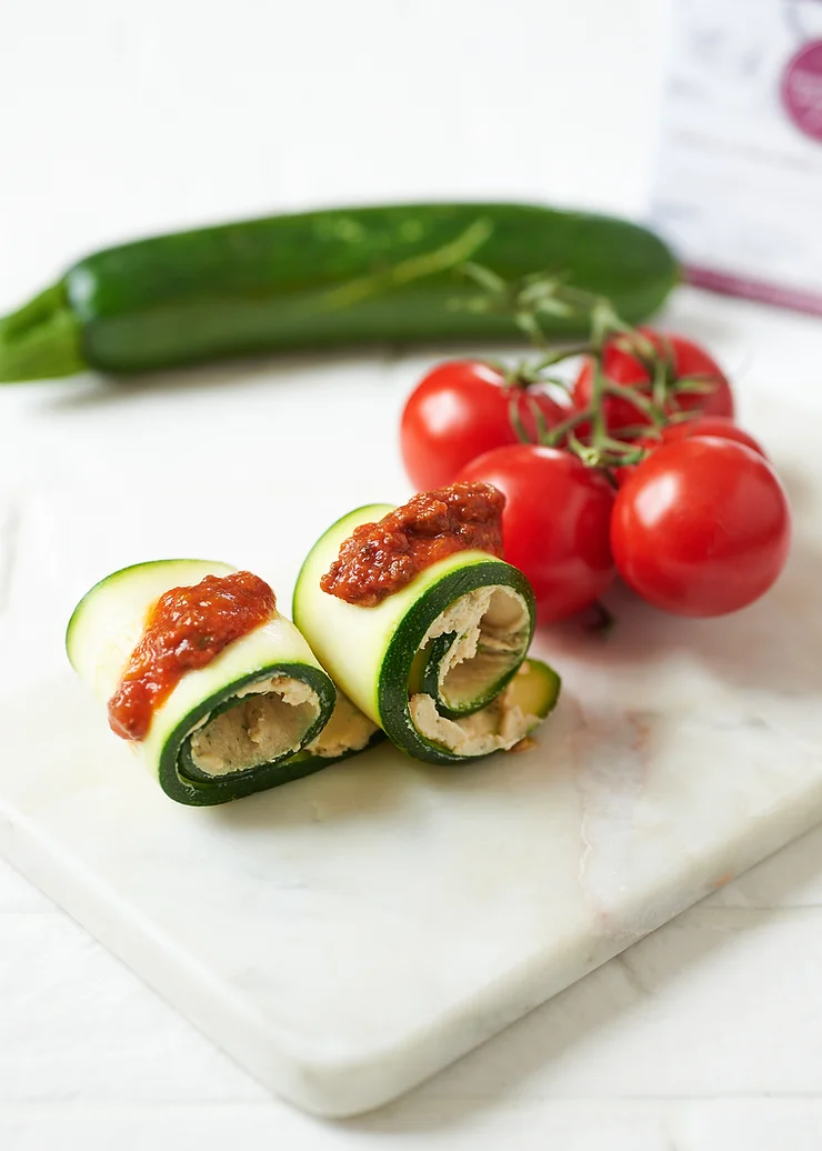 Raw Zucchini Roll Ups with Marinara Sauce