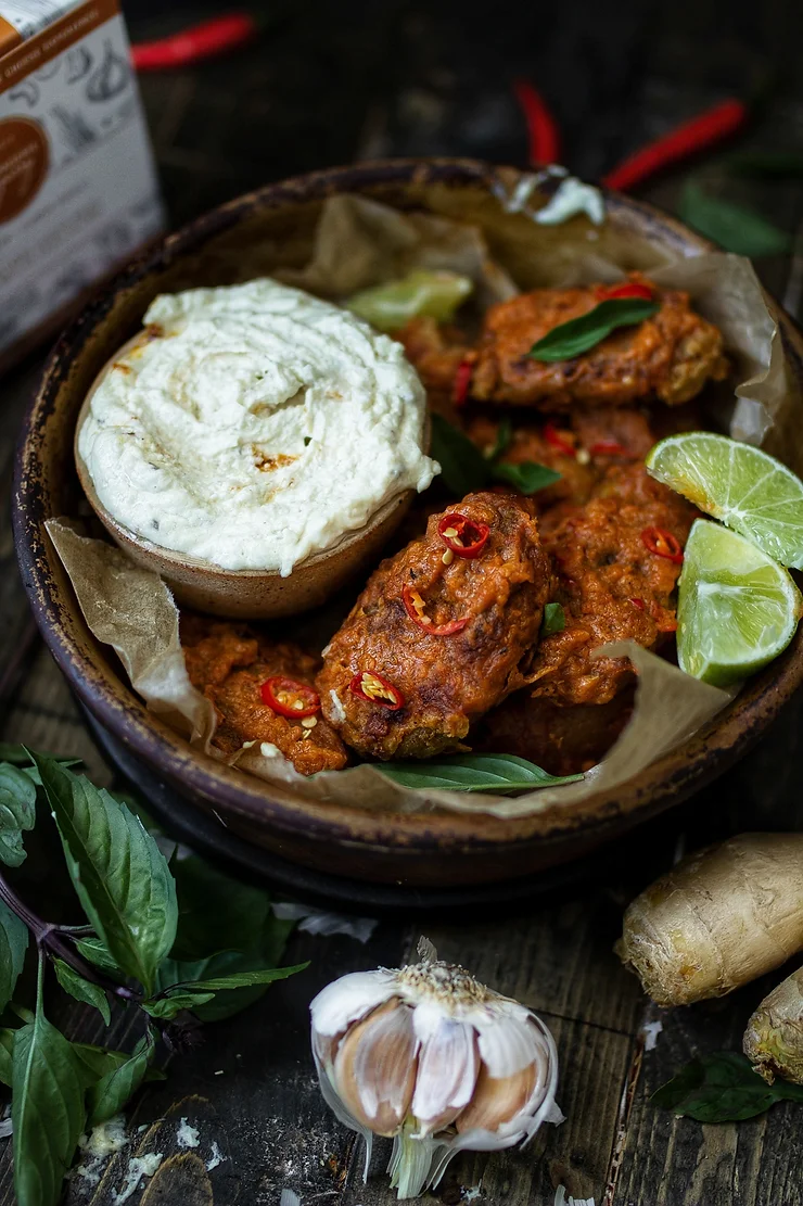 Saucy Curry Seitan Wings & Whipped Cumin Gouda Dip