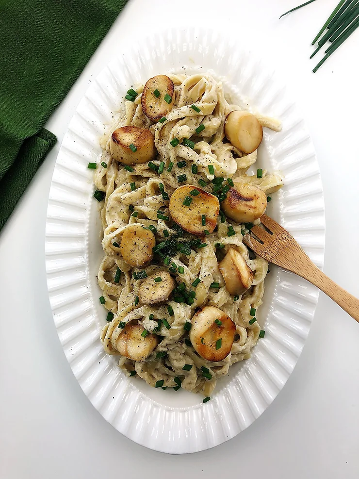 Vegan mushroom 'scallops' with Fettuccine Alfredo